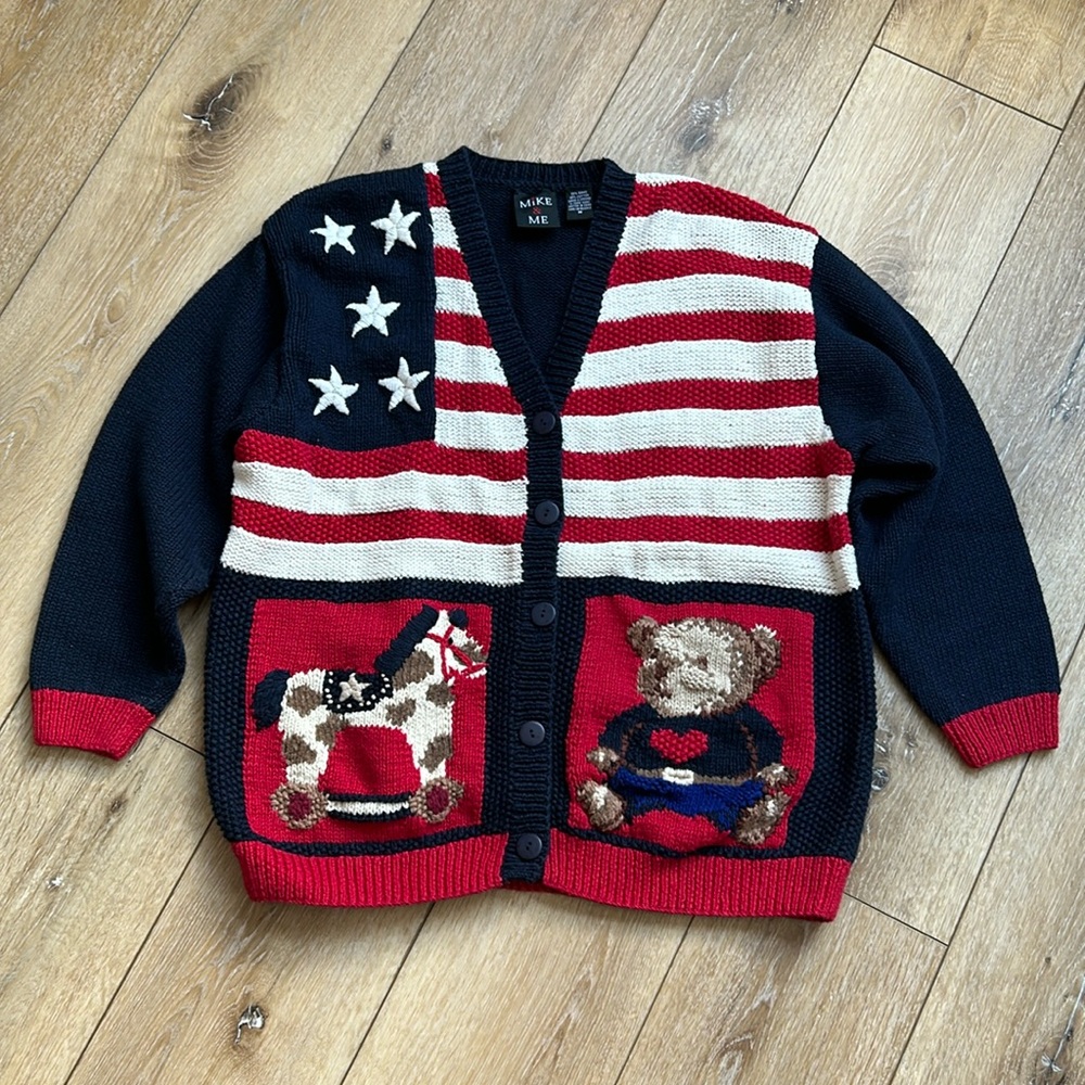 Vintage Mike & Me Americana American USA Flag 90’s Cardigan Sweater Size…
